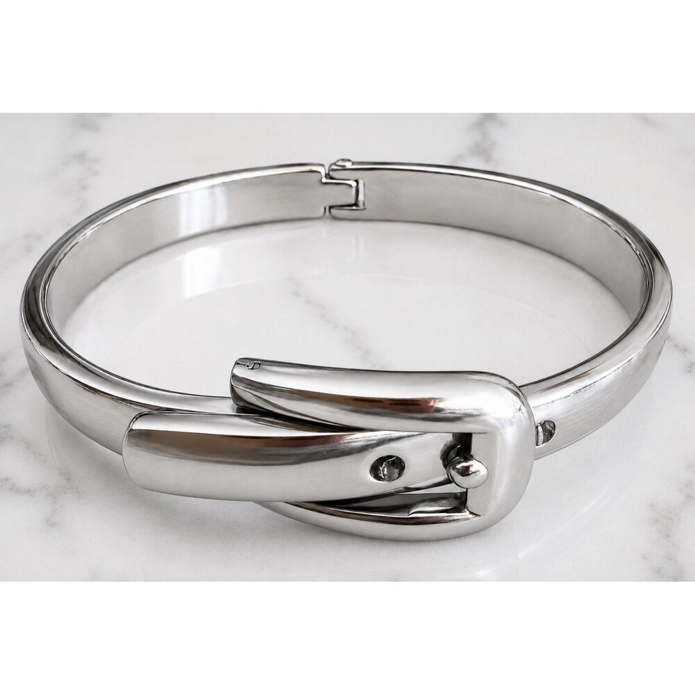 Silver Tone Belt Buckle Hinged Bangle Bracelet Cuff Modern Minimalist